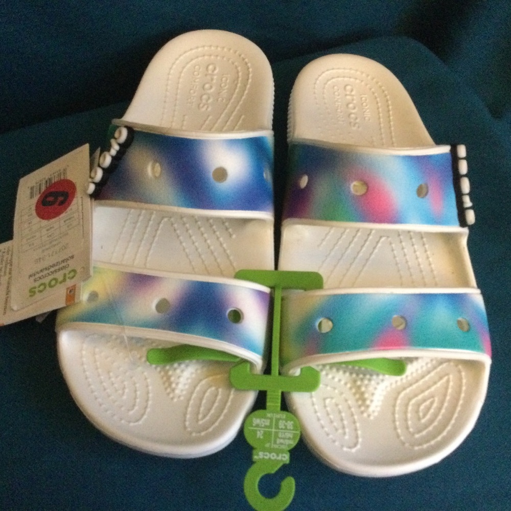 CROCS White Sandals with Iridescent Blue-Green Straps - Picture 2 of 10